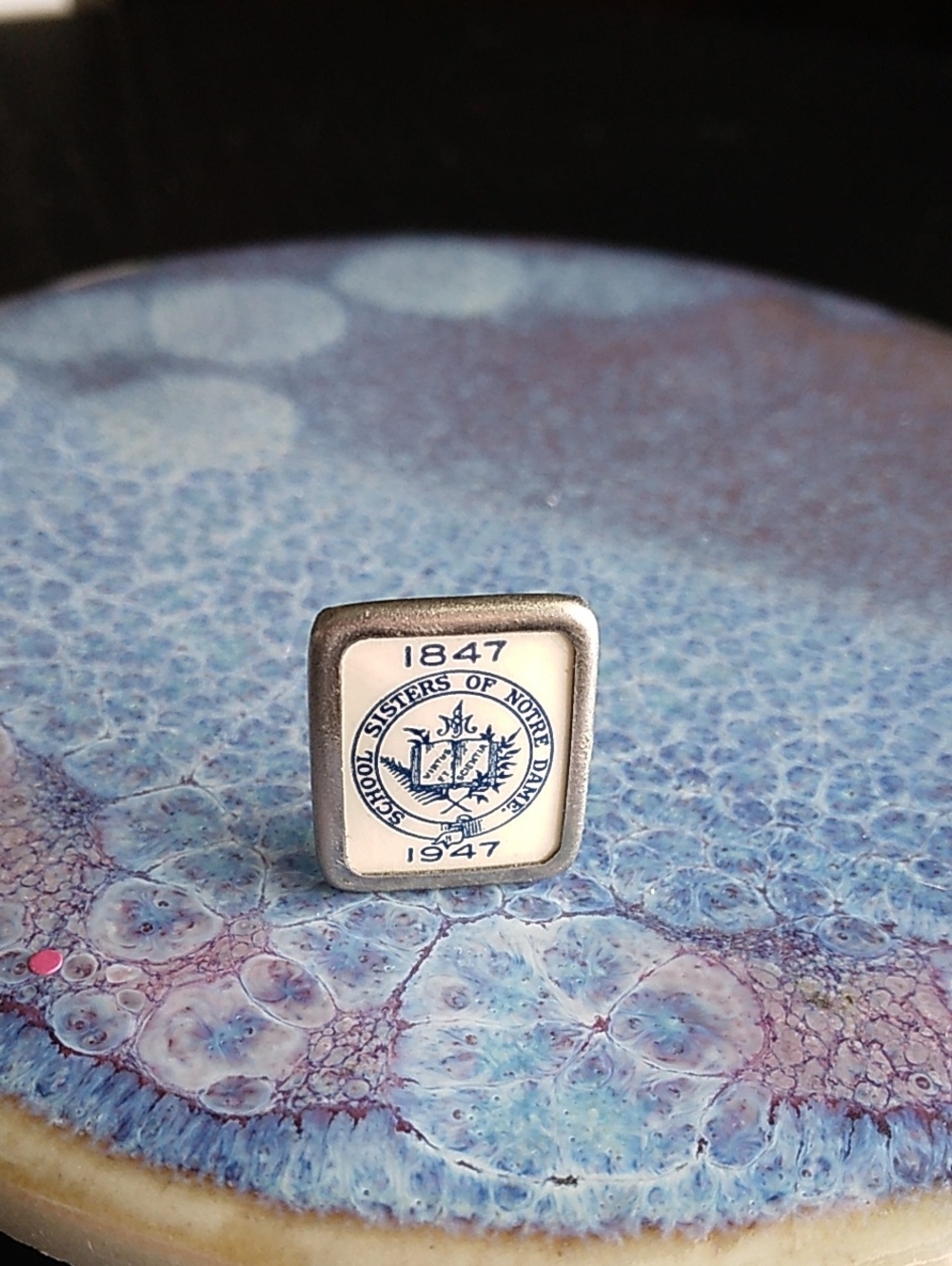 Vintage 1947 Sisters of Notre Dame Square Silver-Tone Lapel Pin Blue and White